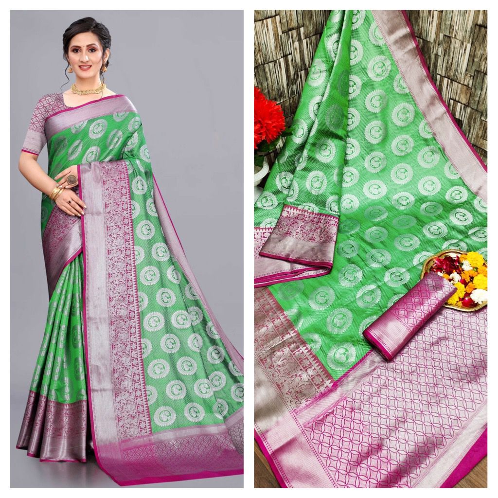 Soft Lichi silk saree with Beautiful Silver zari weaving Rich Pallu