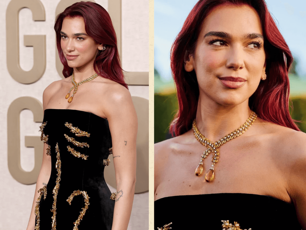 Dua Lipa Stuns in Black Schiaparelli Gown Adorned with Gilded Bones, Crowned Best-Dressed at the 2024 Golden Globe Awards.