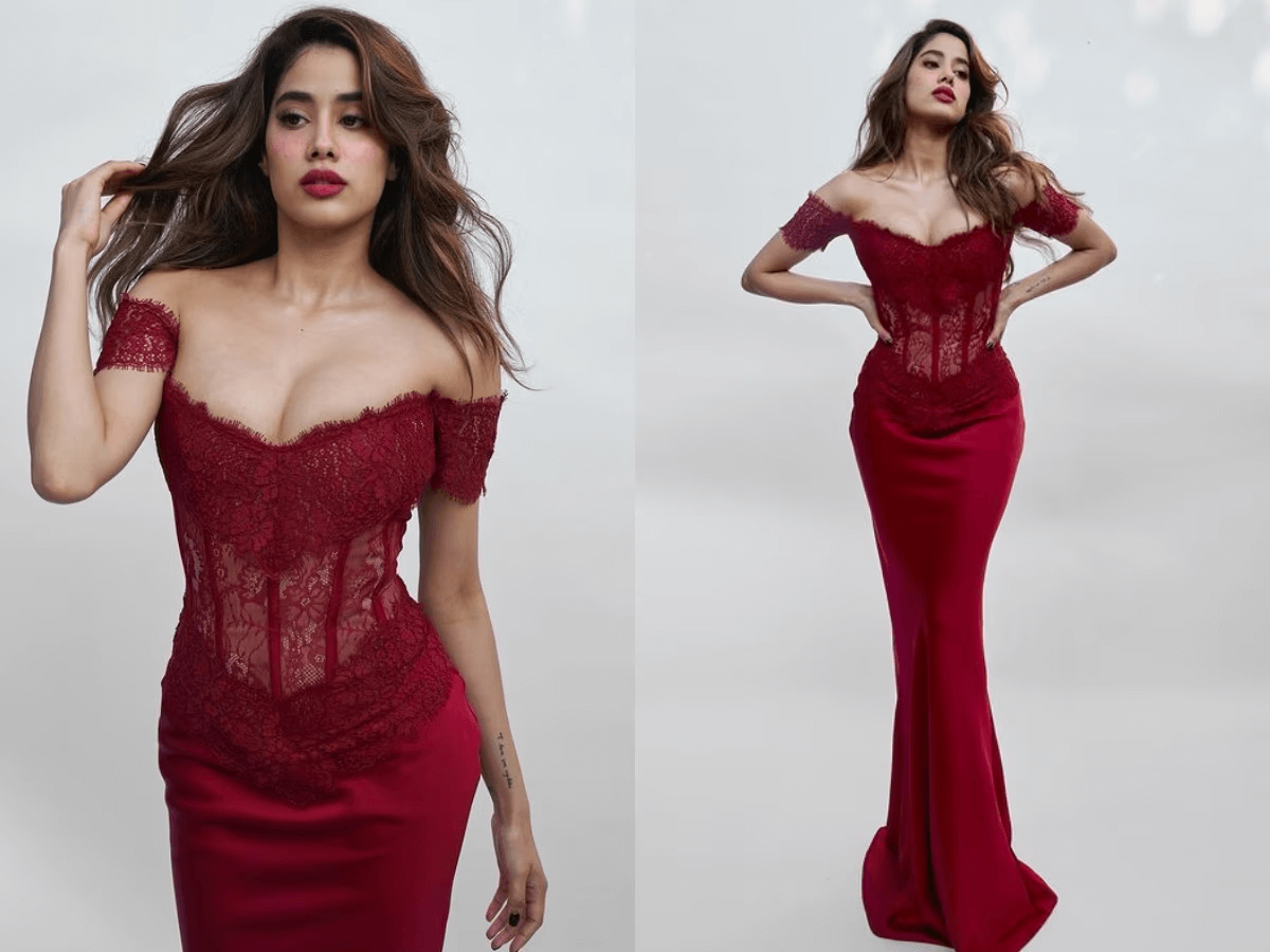  "Janhvi Kapoor Radiates Valentine's Day Vibes in a Stunning Red Corset Maxi, Ensuring You Own the Night."
