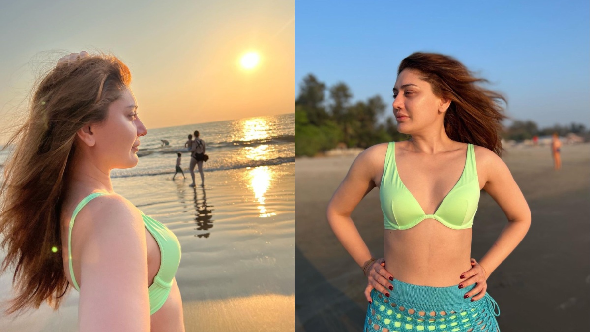Shefali Jariwala: Embracing the Golden Hour at Sea with a Stunning Green Bikini and Blue Crochet Sarong