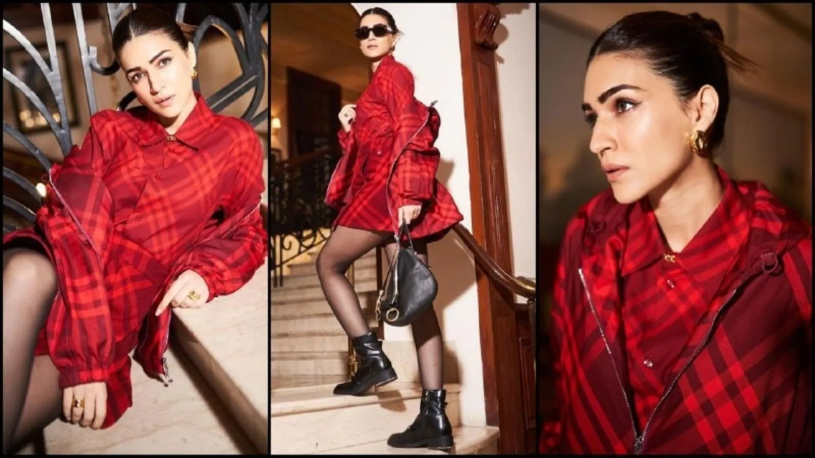 Kriti Sanon Captivates in a Stylish Red Checkered Shirt Dress, Effortlessly Radiating Fashionable Vibes.