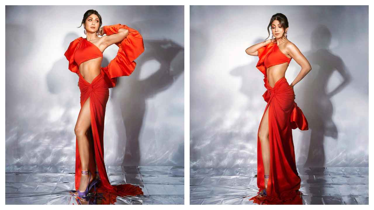 Shilpa Shetty Sets Hearts Afire with a Dazzling Red Gown Featuring a Striking Midriff Cutout