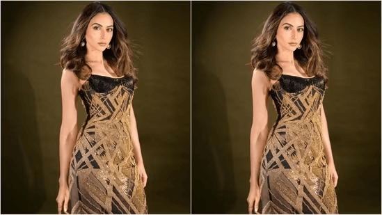  Rakul Preet Singh Dazzles in an Elegant Off-Shoulder Golden Gown, Elevating the Weekend Fashion Standards.
