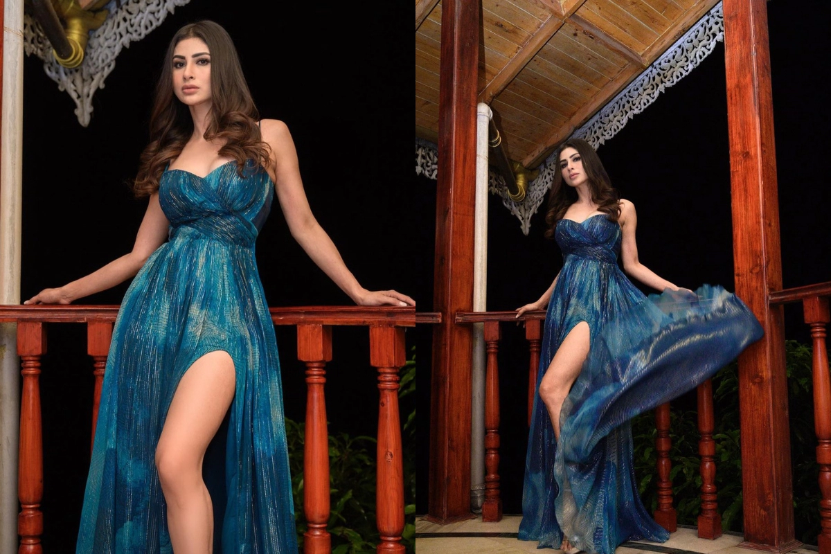 Mouni Roy Stuns in a Strapless Gown, Exuding Elegance with Various Shades of Blue and a Bold Slit